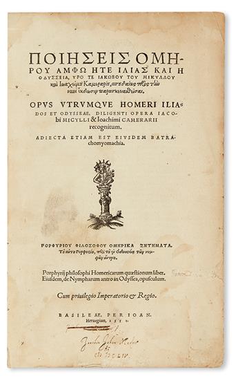 HOMER.  Opus utrumque Homeri Iliados et Odysseae . . . adjecta est etiam eiusdem Batrachomyomachia.  1551